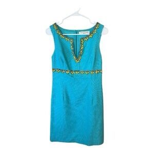 Trina Turk Textured Cotton  Aqua  Mini Dress with Green Beads Gold Accents